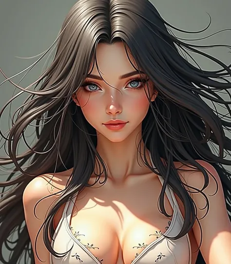 A beautiful woman with long dark hair and blue eyes, realistic skin texture, photorealistic lighting, 