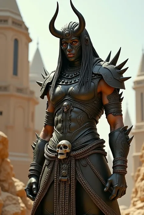 Create images of armored mummy Egyptian stylewarriors, sci-fi fantasy, with horns, spikes, fantasy, chains, skulls, fashion ornaments, standing on tall buildings.Wear fashion accessories, punk hairstyles, and fashion glasses.