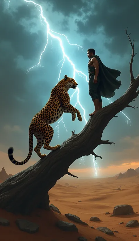 Create an image of Leopard and lighting Flash human hero ware leopard is standing on broken tree bransch and lightning flash human hero is looking at leopard background saraha desert 