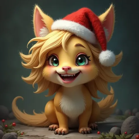 Animal ears,  Smiling Teeth ,  golden hair,  Shadow Refinement (Texture), Santa hat,  digital art, 