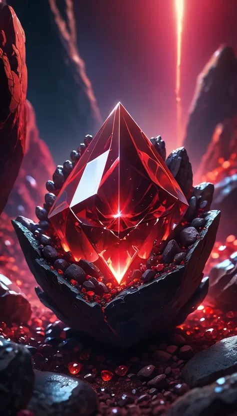 A mysterious red crystal, highly detailed, ultra-realistic, photorealistic, intricate, glowing, otherworldly, emanating energy, surrounded by dark rocks and soil, hands carefully digging and unearthing, extreme closeup, dramatic lighting, cinematic, hyper ...