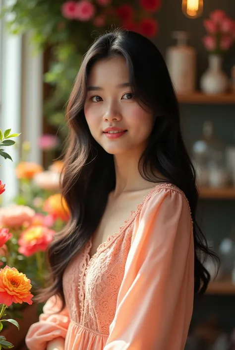 professional full body portrait seorang gadis cantik berwajah Sunda dan Korea usia 20, long black shiny hair is very beautiful ,  wears a peach dress expands on the sleeves very graceful and beautiful lace texture and delicate details, polite,  standing po...