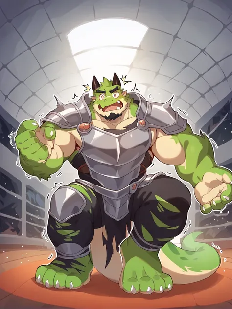 Scribble dragon face,furry(dragon),chuppy, muscular big strong muscle,( black eyebrows:1.1),(perfect eyes), green fur，Wears royal clothes/armor, shocked and surprised,（artist:takemoto arashi)，paw，（ Black beard :1.3），（royal clothes/armor :1.4), background (...