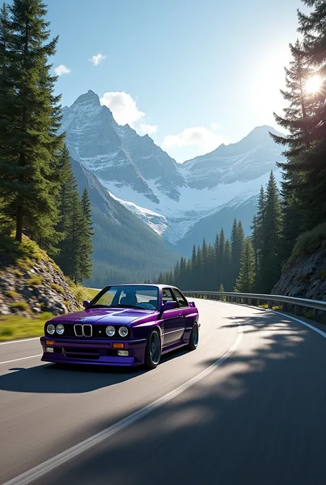 A ultrarealistic beutiful forest mountain curved road a purple bmw e30 is drifting in 156 km/h in ultrarealistic 