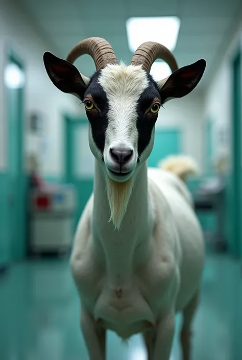 A white and black colored goat, which is kept in the hospital at Velachery and has two s, realistic image.