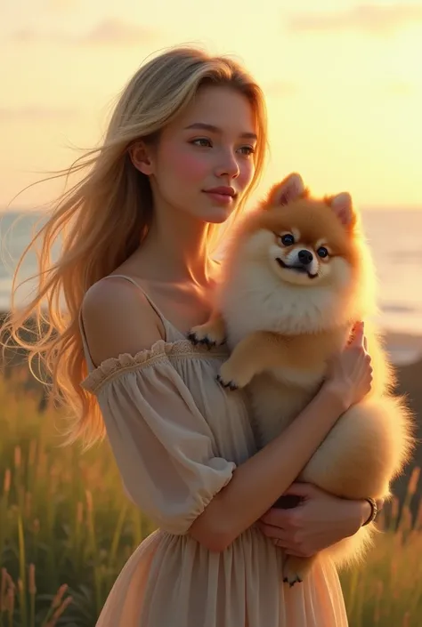 Make an image of a young blonde looking at the horizon,  hugging her cream-colored white Pomeranian dog