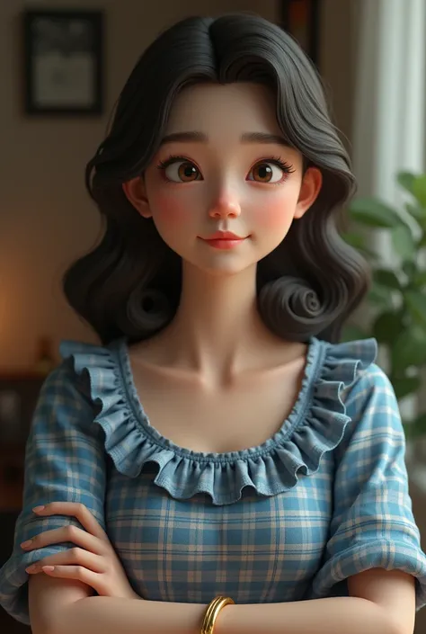 "A highly realistic 3D render of a person with similar facial features, pose, and clothing as depicted. The person has a calm expression, wearing a blue plaid blouse with ruffled details, and a golden bracelet on their wrist. The lighting is soft, and the ...