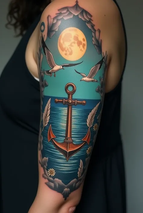 Left arm tattoo realism calm sea anchor trident seagulls feathers full moon 


