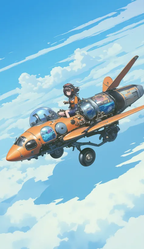  steampunk、Wide View、Flying in the sky、((( dragonfly flying with steam engine、Extremely simple construction、Internal combustion engine、Aquarium、Fuel tank、Small single-seater airplane :1.7、 very smooth fuselage、Flapter )))、Pilot by a girl、goggles、