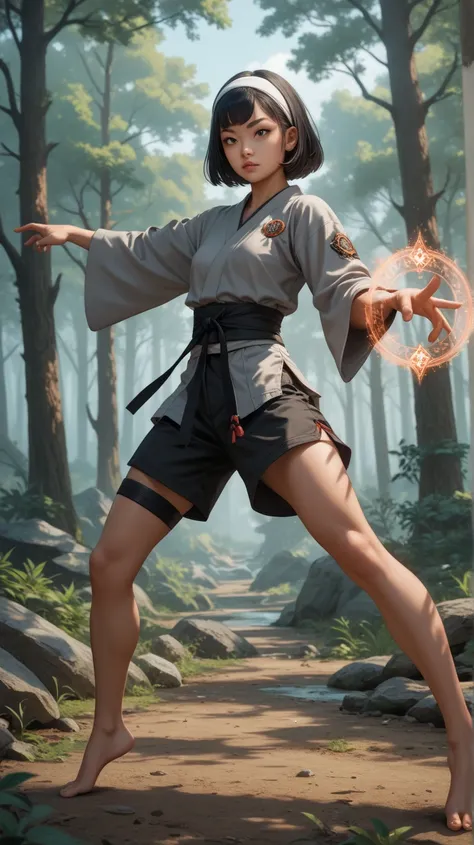 Dark asian girl, medium black hair, thin face, white headband, emotionless look, black eyes, small breasts, oversized gray shorts, thigh belt, oversized gray shirt, magic spell, martial arts stance, barefoot, facing the viewer, full body shot, obsidian val...