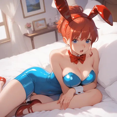 An anime, very short girl with black pigtails and bangs, blue eyes, small assets, wearing a latex bunny girl one piece bodysuit which includes bunny ears as a headdress, bow neck accessory and a small bunny tail, mary jane shoes on bed. While masturbating ...