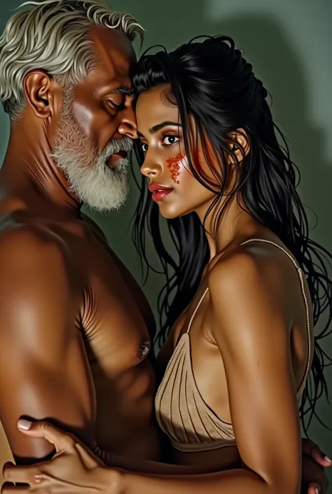 The 70-year-old african husband holding his 42-year-old Pakistani wife wet hair after intense shower sex.
Husband appearance: Light beard and white hair. He appears both authoritative as he holds her wet hair of his wife as a conqueror..
Wife appearance: R...