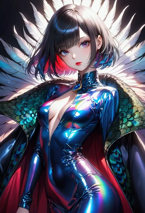 sexy beauty, shiny silky bob cut, amorous and lewd expression, captivating eyes, sexy red lips, superlative body proportion, wearing cool long coat made of iridescent peacock feathers, another dimension, effective effects, bold and dynamic, contrasts of li...