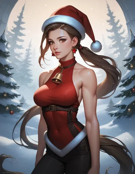 female sleeveless santa turtleneck, bare shoulders, racerback, bare toned arms, beautiful faces, brown ponytail with showing forehead, long ponytail, earrings, soft smooth skin, pale skin, midnight snow background, brown eyes, sci-fi, high contrast, christ...