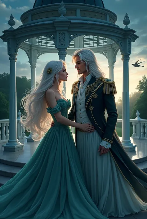  The Beautiful Swallow.  girl with long white hair,Beautiful Kunzite. / Malachite.  man with long white hair, European view of the stands ,  beautiful girl ,  beautiful skin ,Beautiful Body,green eyes ,naked. Anime style,  talking in a marble gazebo,young ...