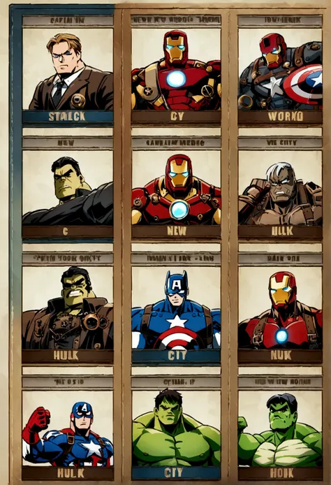 (Steampunk) Marvel super heroes classic line up, captain America, Hulk, Iron Man and others with steam punk styling, heroic line up, hero poses, steampunk, New York City
