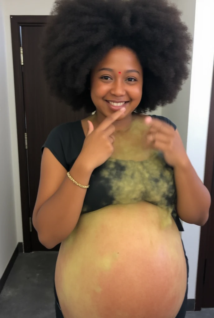 a dark-skinned Ghanaian 22years old woman, large curly afro who is farting with a big ass, green farts, green air around ass, large air bubbles, emphasized big fart, smiling. Big farts, brown stained spot around rectum, deep fart, smelly fart, large fart. ...