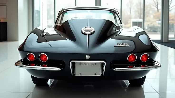 Back view of painted (Gleamy Black colour )1962 Chevrolet Corvette C-4 )with shiny clour  New ( 1962 Chevrolet Corvette C-4 )  Officially  sleek in large shape sedan in large size with ( 1962 Chevrolet Corvette C-4   logo on its large detailed grille in sh...