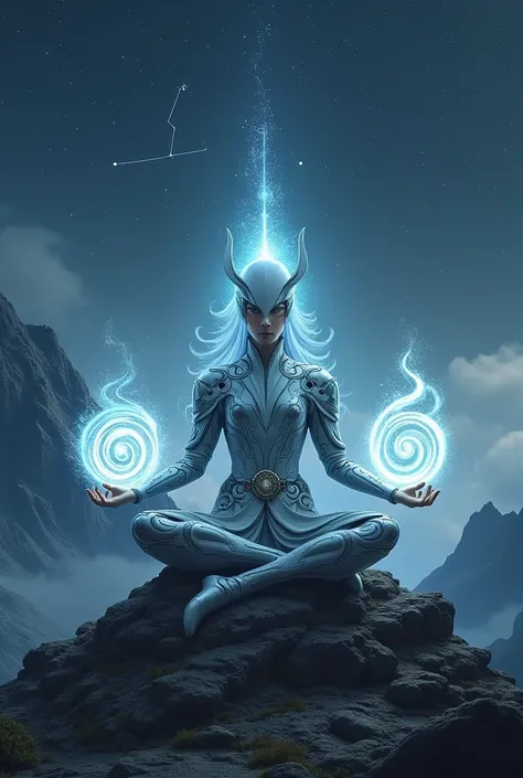 Zamurai character with white electric hat and armor meditating in the shape of a lotus and in each hand manipulating energy in a spiral on a mountain in the background looking towards the dark sky and the constellation of Pegasus 