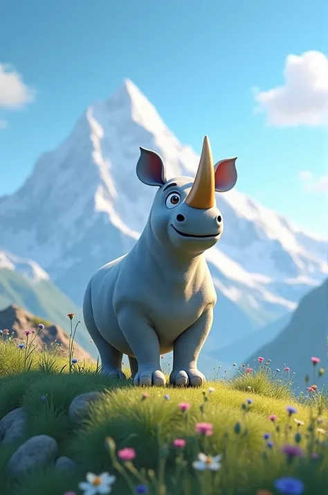 In cenematic 3d cartoon style "Snow-capped mountains in the background with Rhino standing on a hill, feeling the cool breeze."