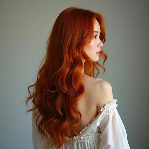 Back view of a beautiful Asian beauty with long, dirty orange hair， studio