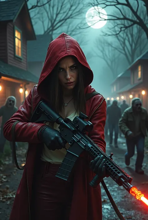 Hyperrealistic image of an adult Red Riding Hood armed with an AR-15 rifle shooting at a group of zombies led by Snow White from the Disney zombie,  in a town in the middle of the woods  ,  dark night .