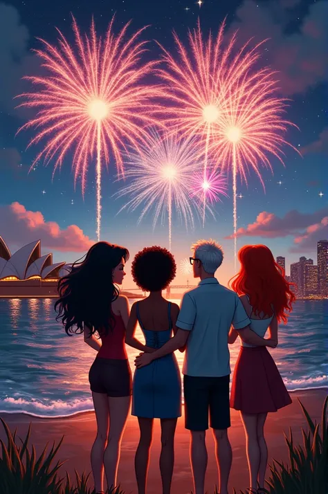 lisa( black-haired ) , AMY(black woman with curly hair ) , Claire (Redhead) y el padre de lisa celebrando con fuegos artificiales de fondo,  with Sydney Harbor visible in the distance .