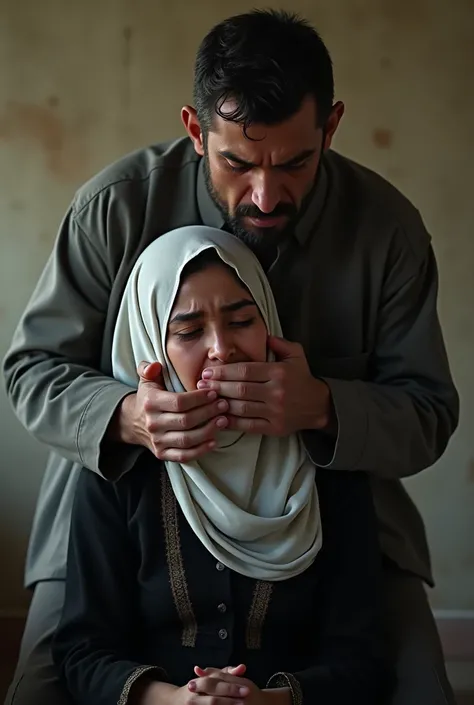 Afghan woman in sitting position wearing black menthvi and plain white scarf and Afghan man standing and closing Afghan womans mouth with his hand angrily and Afghan woman is shedding tears 