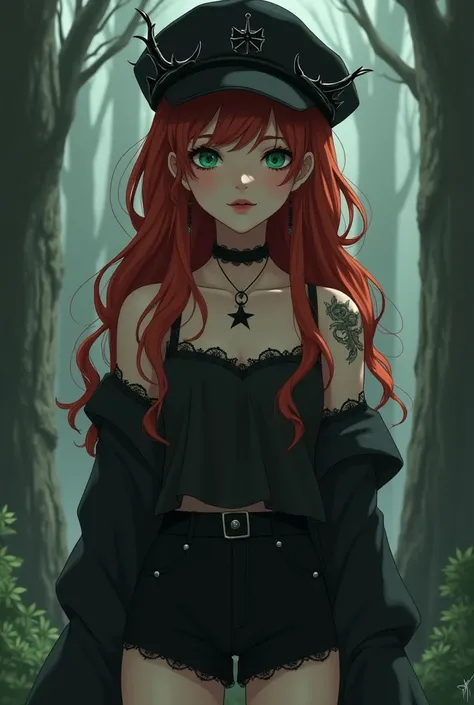 A (severus snapes daughter:(european girl,black hair, green eyes) ,thin anime girl, ghost white skin, bitter face, copper red hair, star tattoo, black cap with thorns, black necklace, black top with long sleeves, short black shorts and black tights