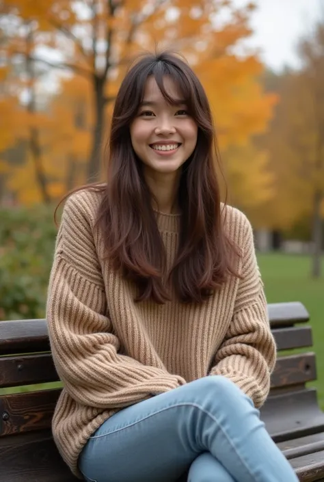  Autumn outfit、22 year old Japanese woman、photograph ポーズ: selfie , 自分で撮ったphotograph, 18,  , 高さのphotographの上から見た図,  is laughing a lot,  sitting on a bench
(system:  photograph  directly taking from phone of self,  not from a mirror or 2nd person point of vi...