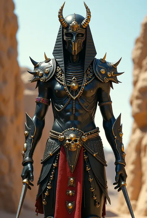 Create images of armored mummy Egyptian stylewarriors, sci-fi fantasy, with horns, spikes, fantasy, chains, skulls, fashion ornaments, standing on tall buildings.Wear fashion accessories, punk hairstyles, and fashion glasses.Decorated with multi-colored ge...