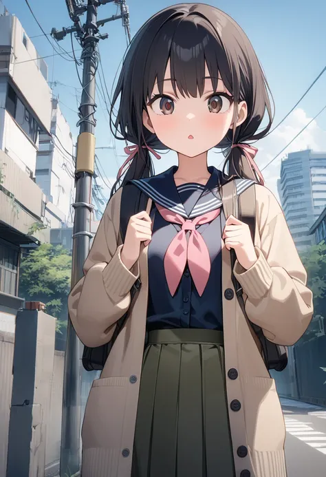  high definition , 8k,  top quality, masterpiece,  super detailed,  anatomically correct, Anime,
 1 girl in uniform, standing on 歩road,
 very long low twin tails with red ribbons,  very long low 2 ties ,  black hair,  dark brown eyes ,
 a small mouth of cu...