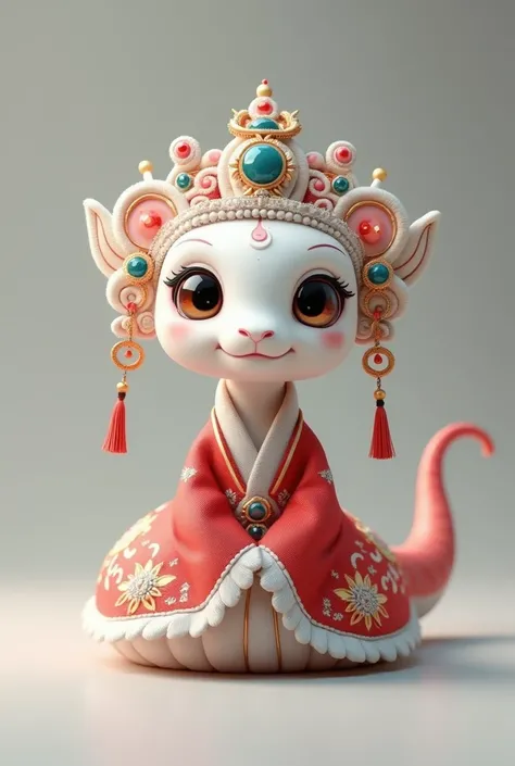 The cute white snake has a round face and big eyes. It is dressed in red and white traditional opera costumes, decorated with exquisite embroidery and tassels. It wears a gorgeous Peking Opera headdress mainly in blue, pink and white. Its tail is slightly ...