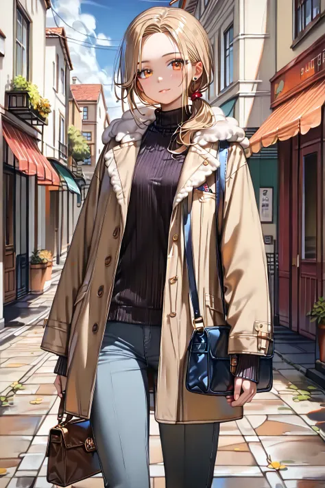 (masterpiece, best quality:1.5), (ultra detailed, high resolution, 8k, beautiful detailed, UHD, best anatomy), (full shot:2), simple background, Brown Low Ponytail hair, 1 girl, Monotone Stylish Look, Black turtleneck sweater, gray wide pants, platform loa...