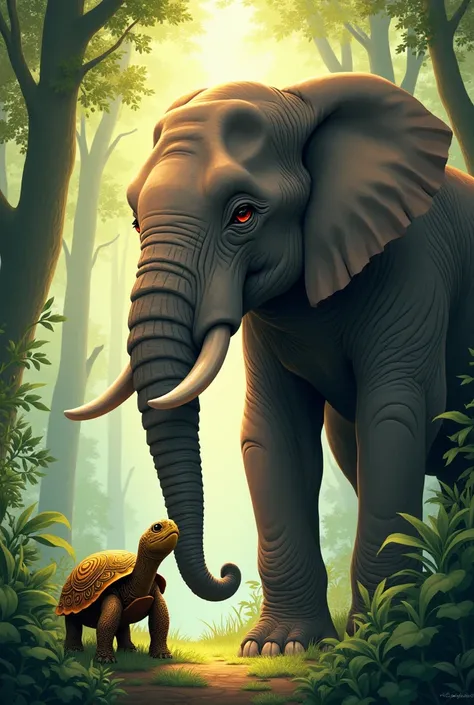 
"A detailed illustration of a turtle and an elephant facing each other in a lush, vibrant forest. The turtle is small with a beautifully patterned shell, and the elephant is large and majestic with gentle eyes and textured skin. Surrounding them are tall ...