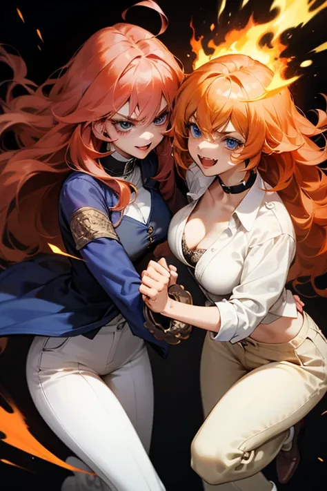 Mereoleona orange hair、grin、bangs、long hair,  cowlick at the top of the head 、Big Breasts ,cleavage 、blue eyes, Thighs、look at me, get angry ,Anatomically Correct ,she haves fang, Punch on the screen,Punch to you、Her fists are fire ,Line of sight,Navy blue...