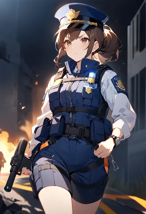 Age and Appearance: Yumi is in her 30s, with an appearance that combines determination and professionalism. Her expression is serious and focused, reflecting the responsibility of her role as a police officer. Hair: Her deep brown hair is tied back in a ti...