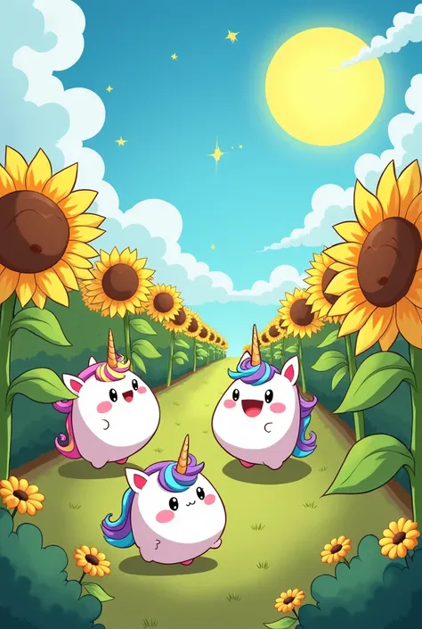 Chibi cartoon
Unicorn Balls
In a beautiful sunflower garden
There is a big sun
Japanese Anime Picture Style