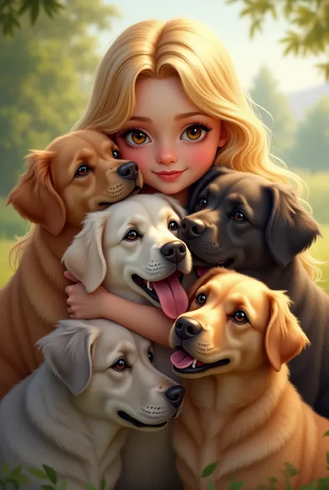 Make an image of a young blonde ,  hugging her cream-colored white Pomeranian dog, to his black Labrador ,  to his golden retriever ,  to his brown and black-spotted bull dog ,  and his other gray bulldog dog with blue eyes. 
