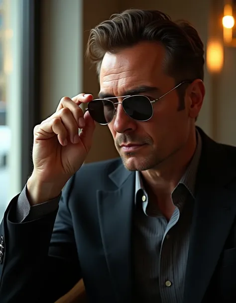 the movie star holds his sunglasses