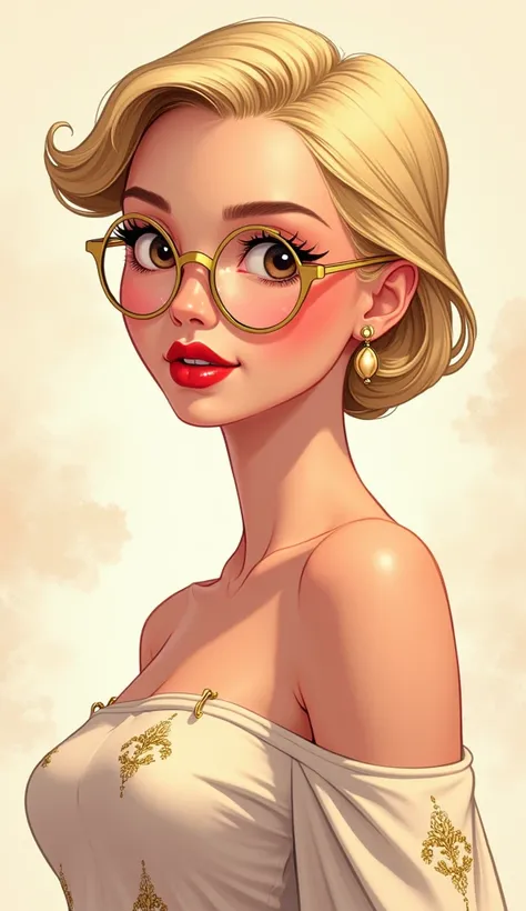 "A modern illustration in a fusion of manga and Disney styles, portraying a sophisticated young woman with short blonde hair elegantly styled back, revealing her graceful neckline and emphasizing her chic and confident demeanor. She has an oval face with l...