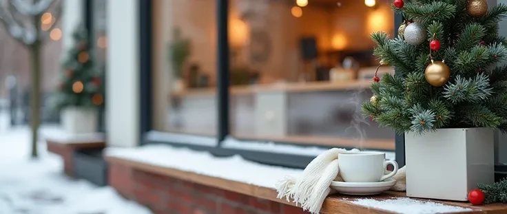 Snowy red brick street. Modern white color cafe display window with a wooden bench.溫馨的minimalist style聖誕櫥窗景象,  High Quality Photography . A square pot , is a circle ,  instead of a rectangle .  is a curve that is more elliptical and irregular .plant.minima...