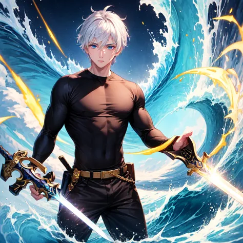 (( best quality )), (( Masterpiece)), ( Details), 1 young man,  White hair, , blue eyes, ,  wearing a black T-shirt , Black sweatpants, , holding a shining golden sword, ,  blue power wave ground., There is a sword flying around 