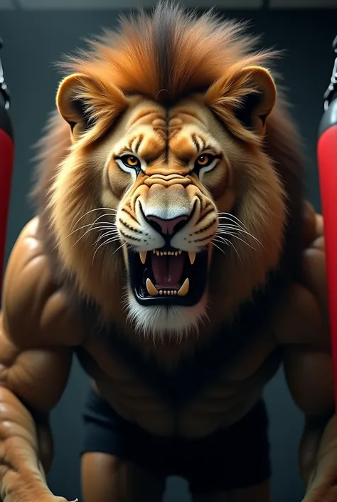 A very majestic werelion with a strong appearance, with very large muscles, a dominant and majestic furry large face wearing black  pajama pants Angry, looking angrily at the camera, close-up view of his face in gym Punching bag perspective very close to h...