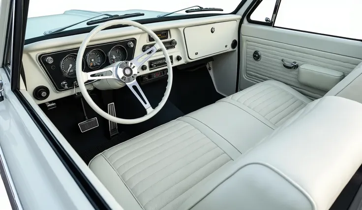 A 4K realistic image of 1969 Chevrolet C10 pickup Truck white dashboard and seats 