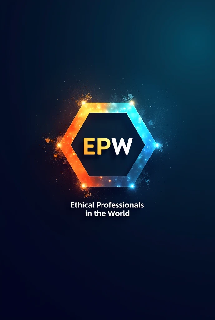 Make me a picture of the logo of the letters "EPW" and the letters "EPW" form a hexagon. under the text ethical professionals in the world, free fonts without license, dark blue, orange, sky, color