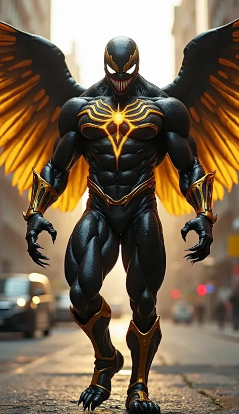 Creating a hybrid superhero combining **Black Adam**, **Hawkman** (with golden wings), and **Venom** set in a cityscape can result in a visually stunning and complex character. Here’s how you can design and describe this concept:

---

### **Character Over...