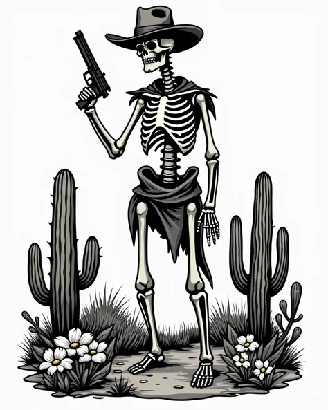  Theme: Cowboy Tarot card, skeleton holding a gun standing in a desert background with cacti and flowers. design graphic, in the Style of bold outline, jagged edges, caricature, appropriation artist, digitally enhaned, simplify line work, Contour, white ba...