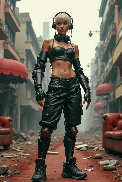 Realistic image of a young woman model with short hair with ashen blond cap, gray eyes, robot arms and legs of a cyberpunk robot in the middle of a destroyed city, red filter of film, Jordan shoes in black thongs and leather top