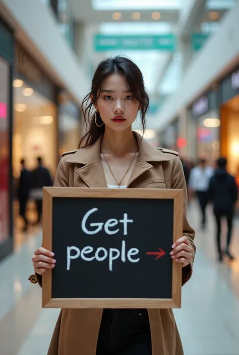  A beautiful young Asian woman walking and stylish in front of a mall,  holds a blackboard with text  "Get People "  and show viewers 